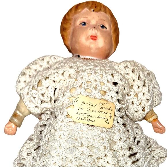 Early 1900s Antique 12” Minerva Tin Head Doll w/Jointed Kid Leather Body German - Picture 9 of 13